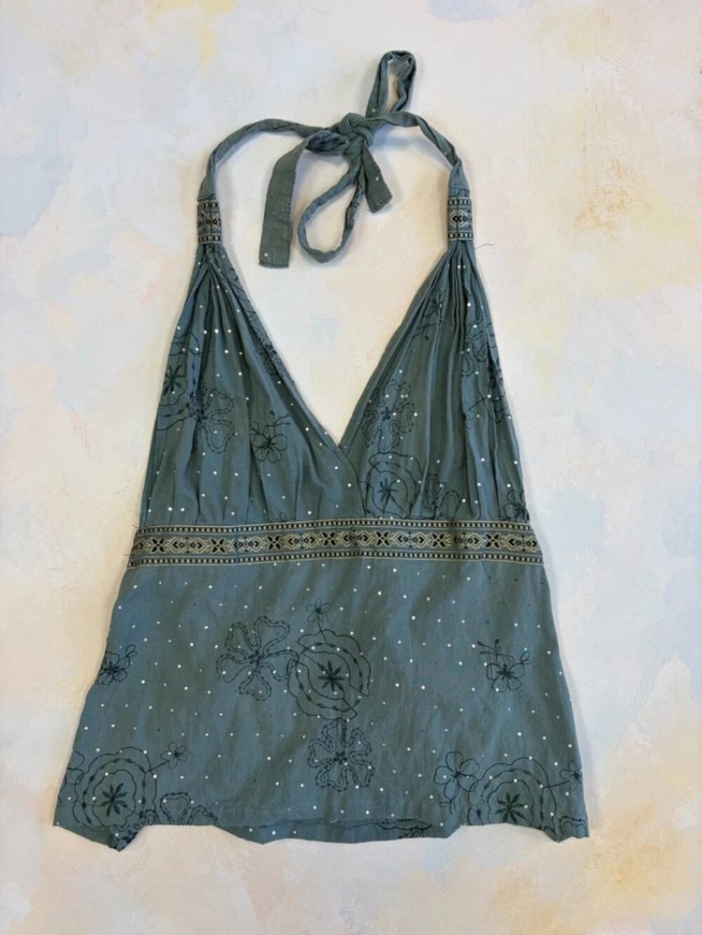 Y2K Grey Embroidered Sequin Halter Top